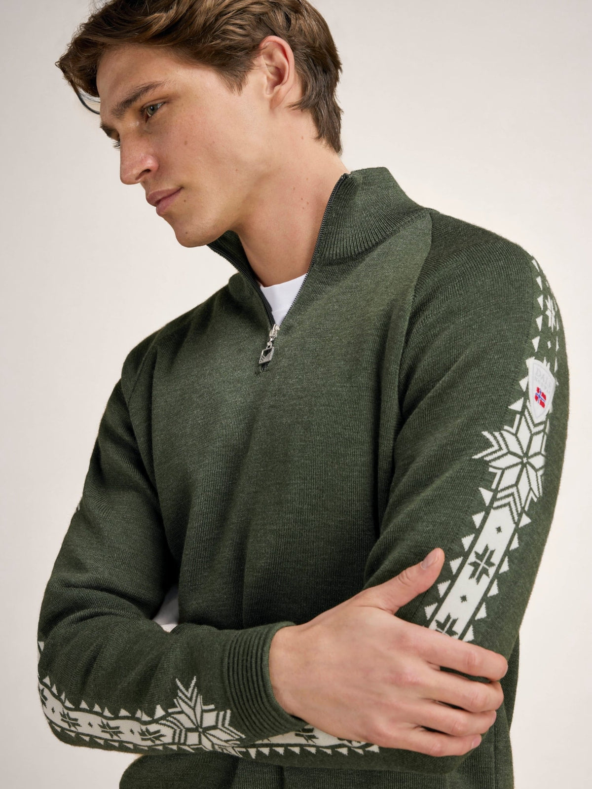 Dale Of Norway GEILO Merino-Pullover Herren – Dark Green - Offwhite – Ärmeldetail