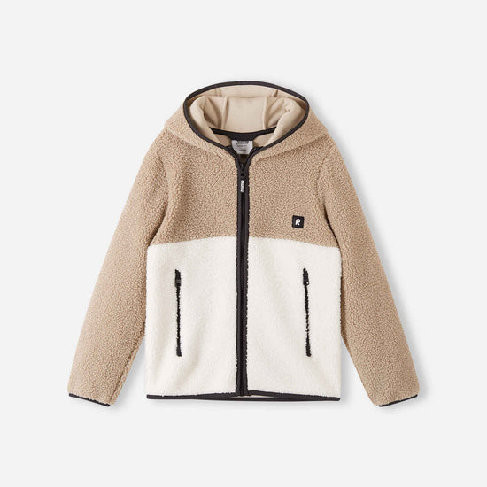 Chaqueta de felpa Reima Muhkea para niños, color beige tierra – Foto del producto (parte delantera)