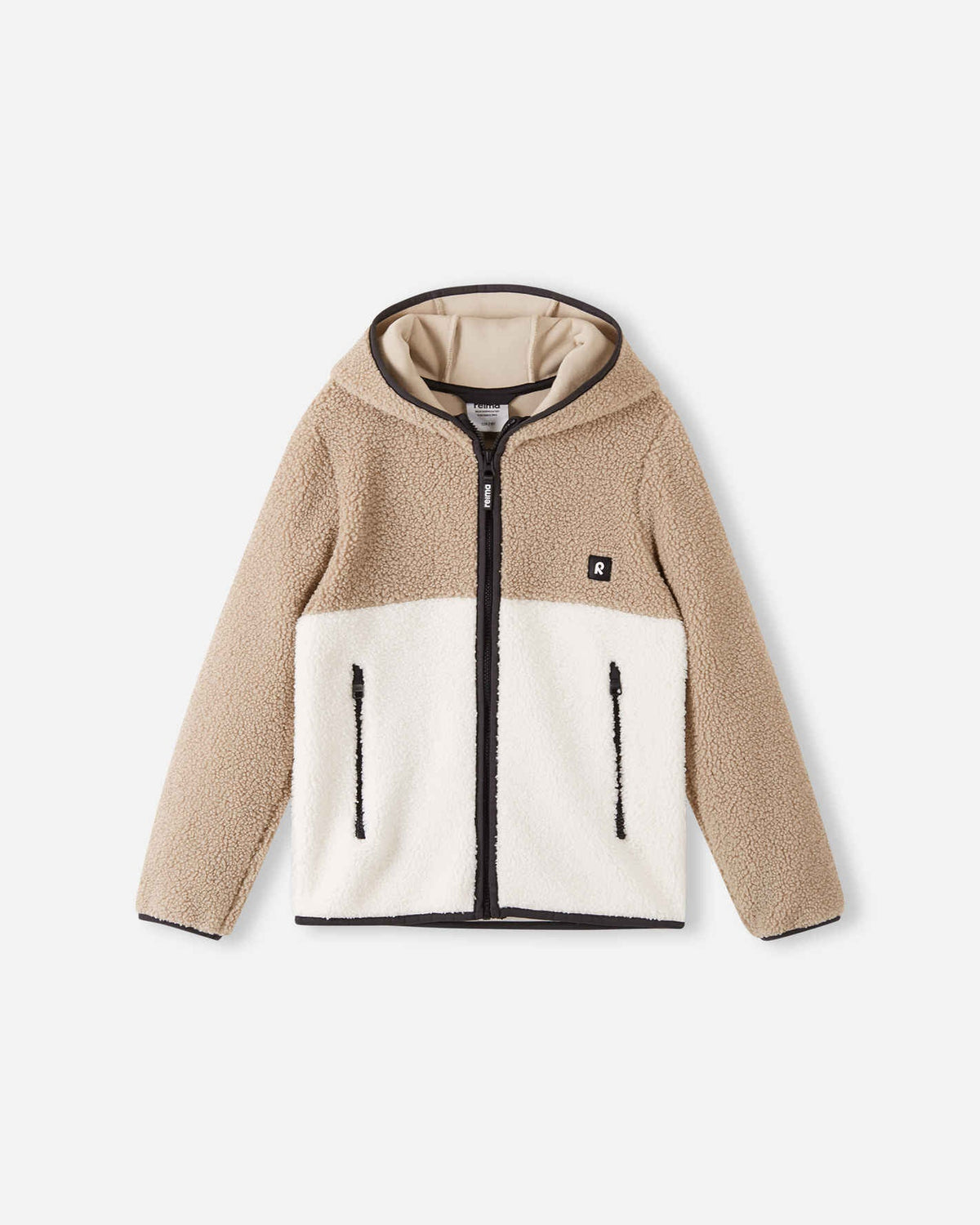 Chaqueta de felpa Reima Muhkea para niños, color beige tierra – Foto del producto (parte delantera)