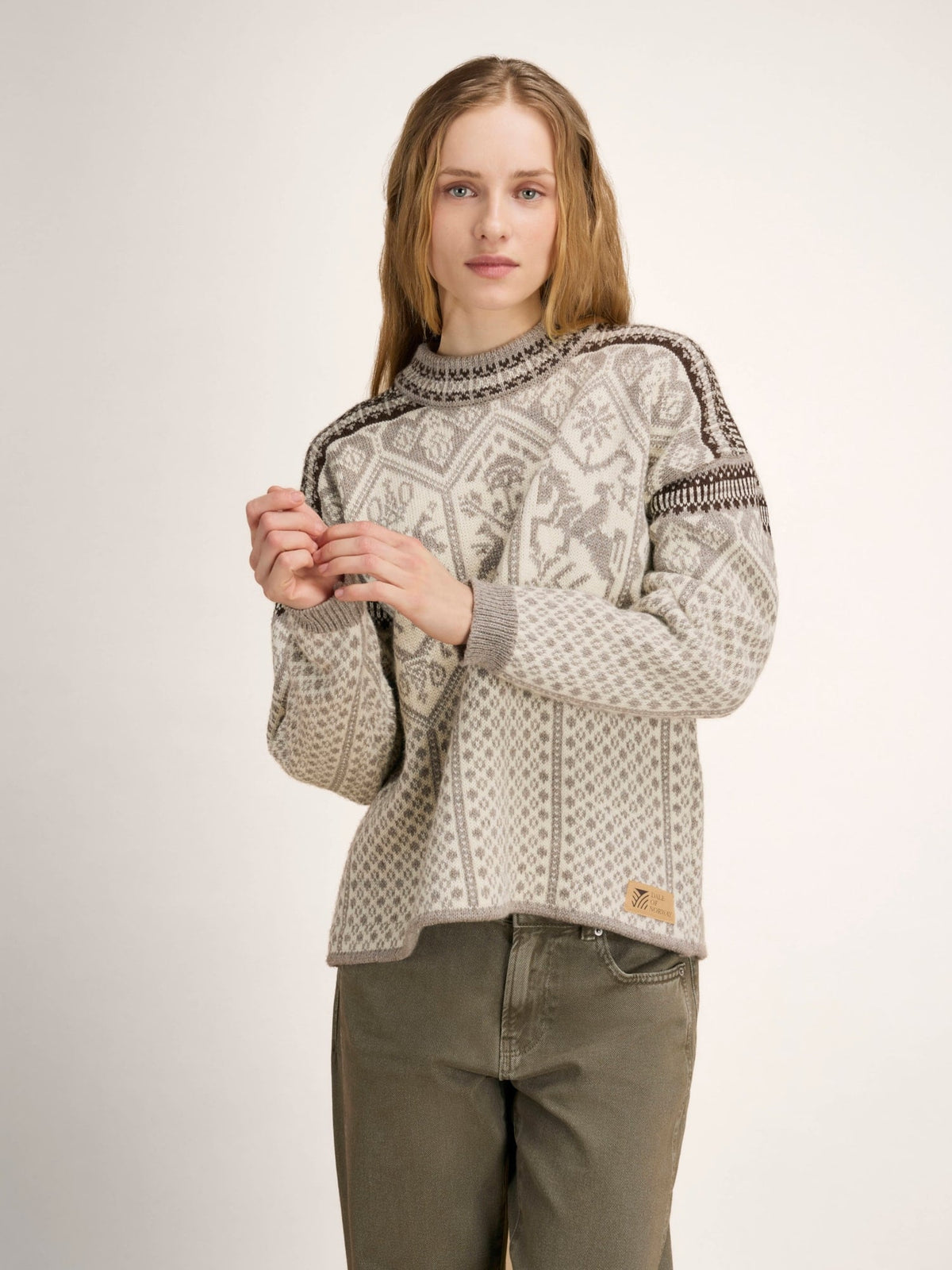 Dale of Norway 1994 women's wool sweater Vanilla Sugar - Natural White - Coffee – studio view