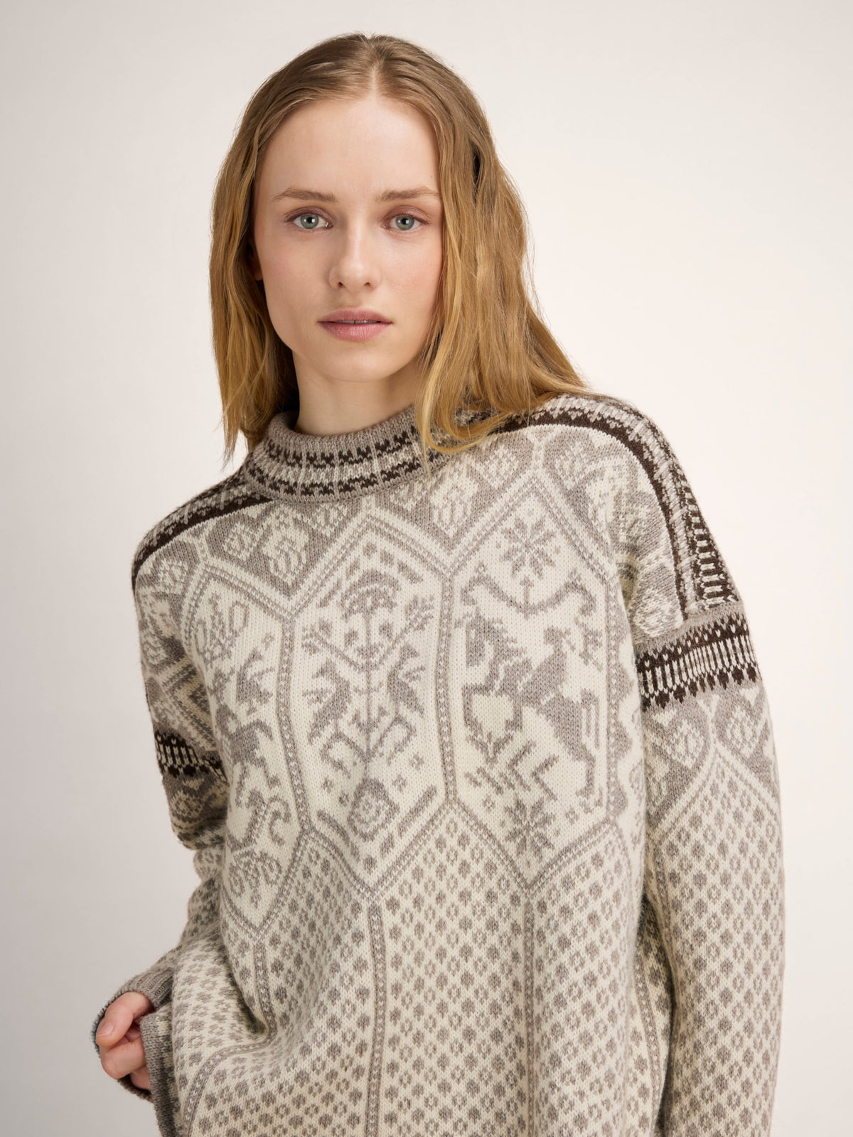 Dale of Norway 1994 Women's Wool Sweater Vanilla Sugar - Natural White - Coffee - Studio Front View