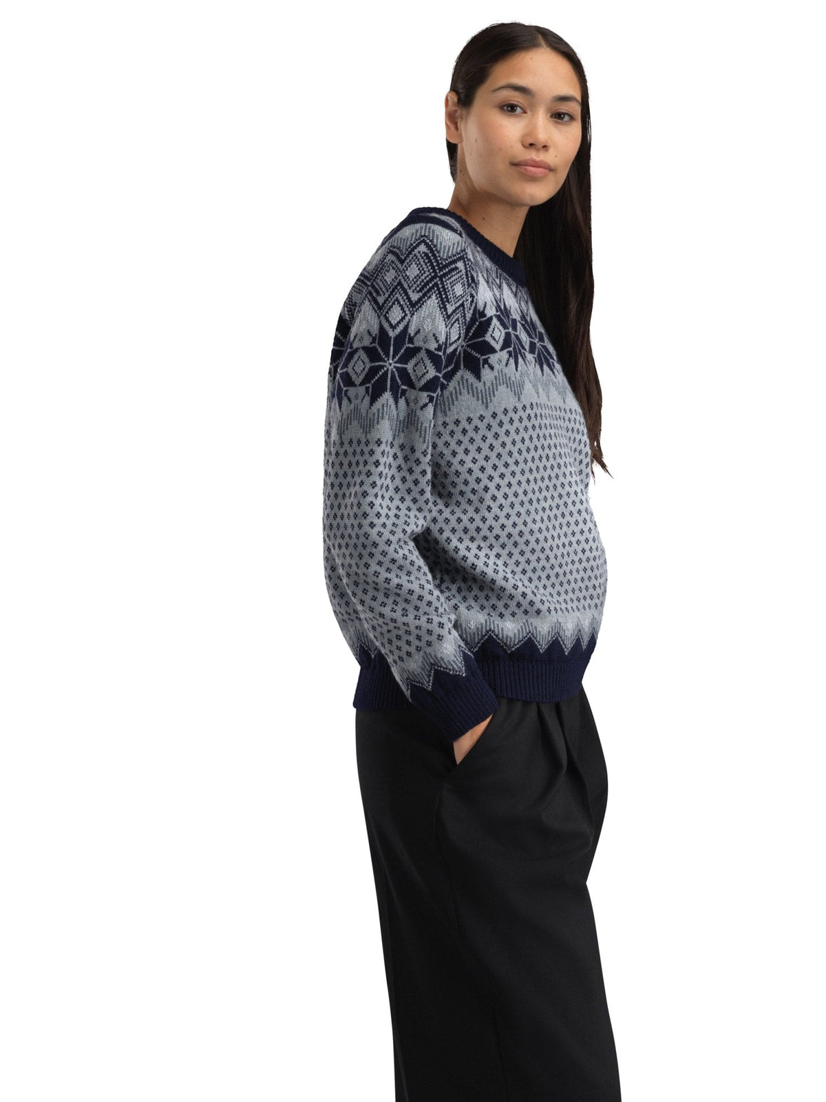 Dale of Norway VILJA Wool Sweater Women – Mid Blue - Marine - Steel – Studio side