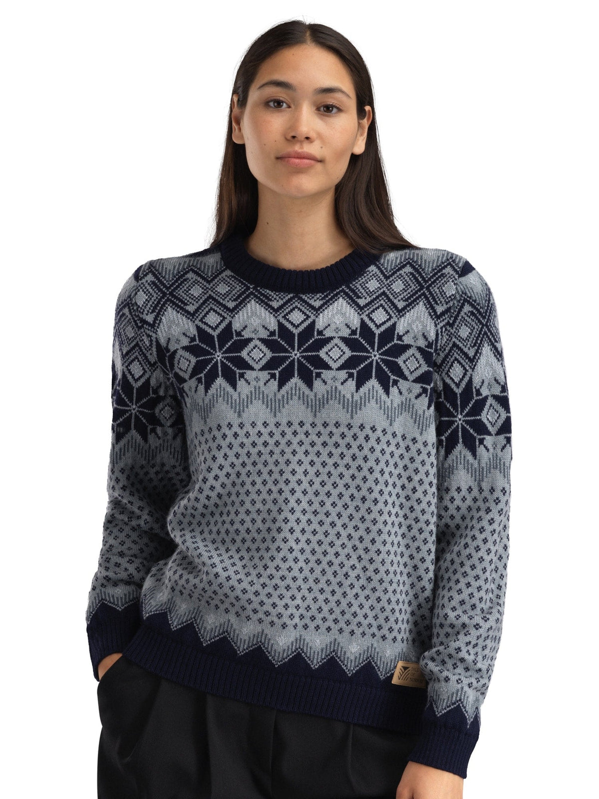 Dale of Norway VILJA Wool Sweater Women – Mid Blue - Marine - Steel – Studio Front