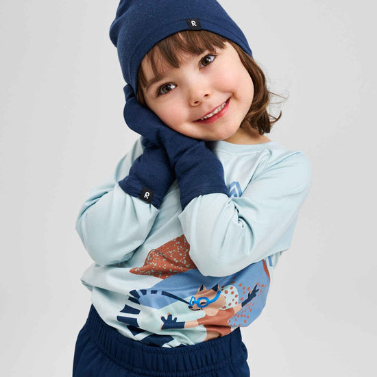 Moufles Reima Eino en laine mérinos pour enfants, bleu marine – Photo en studio