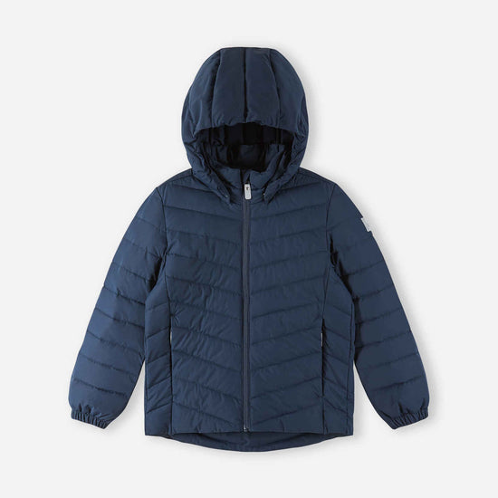 Chaqueta aislante ligera Reima Uumaja para niños, color azul marino – Foto de producto con la capucha abierta 3