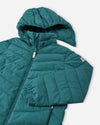 Chaqueta aislante ligera Reima Uumaja para niños, color Dark Teal – Foto de producto con la capucha abierta 3