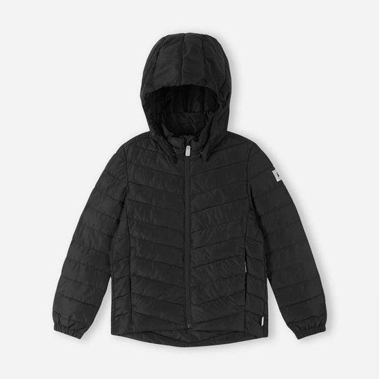 Chaqueta aislante ligera Reima Uumaja para niños, color negro – Foto de producto con la capucha abierta 3
