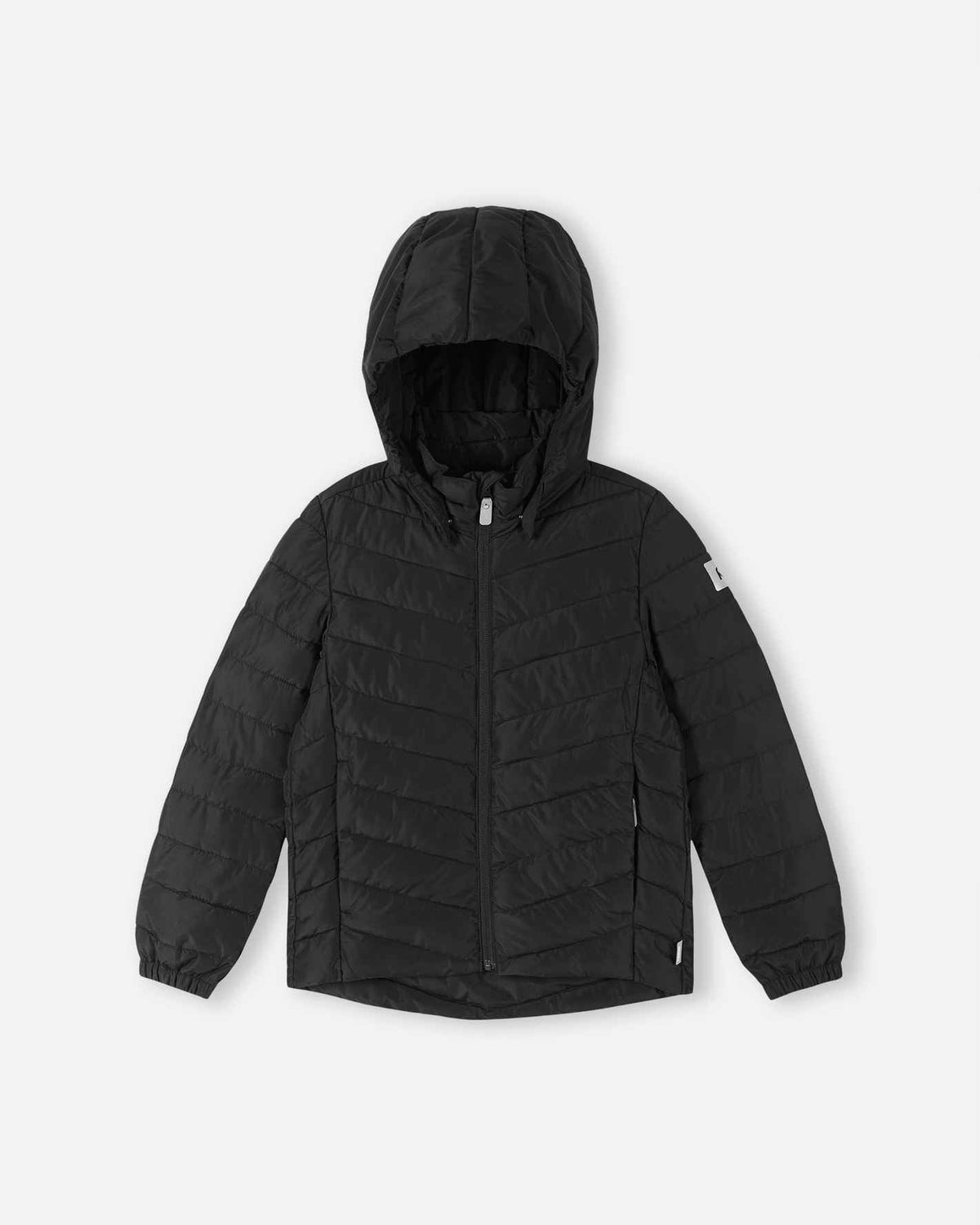 Chaqueta aislante ligera Reima Uumaja para niños, color negro – Foto de producto con la capucha abierta 3