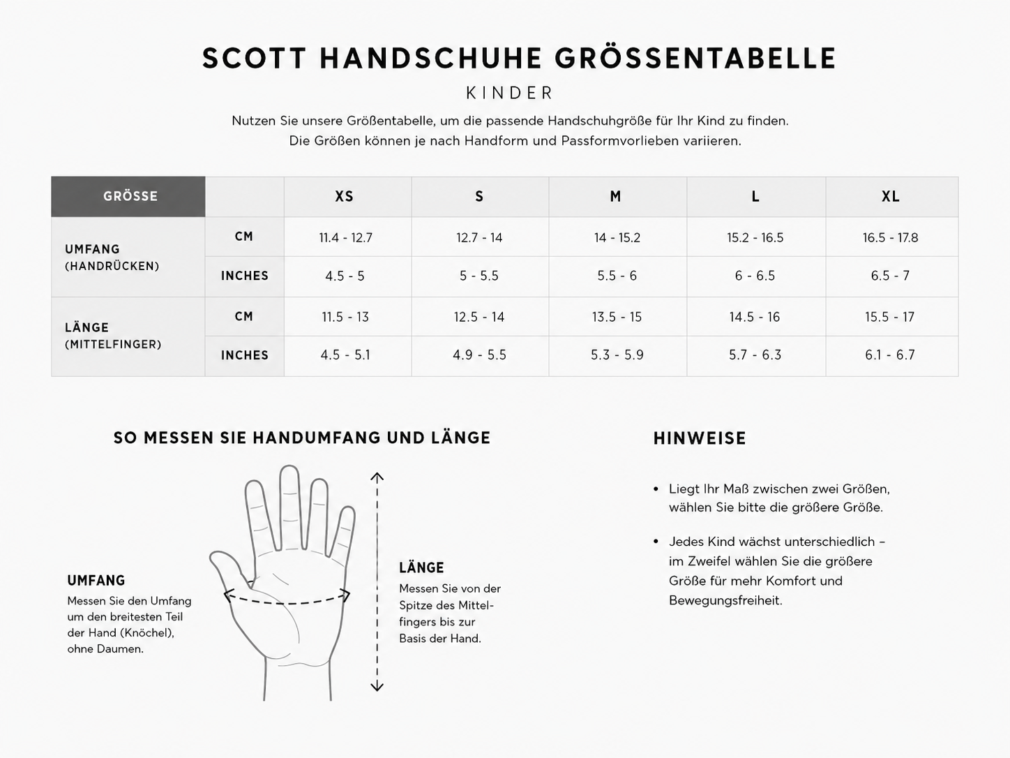 Größentabelle